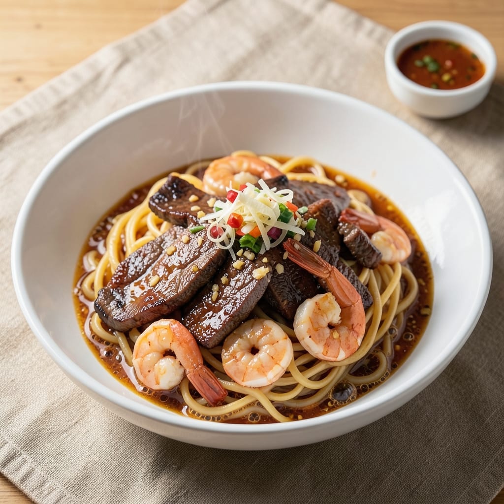Beef and Shrimp Yakamein Recipe: Wok-Hei Crispy Beef and Silky Noodles