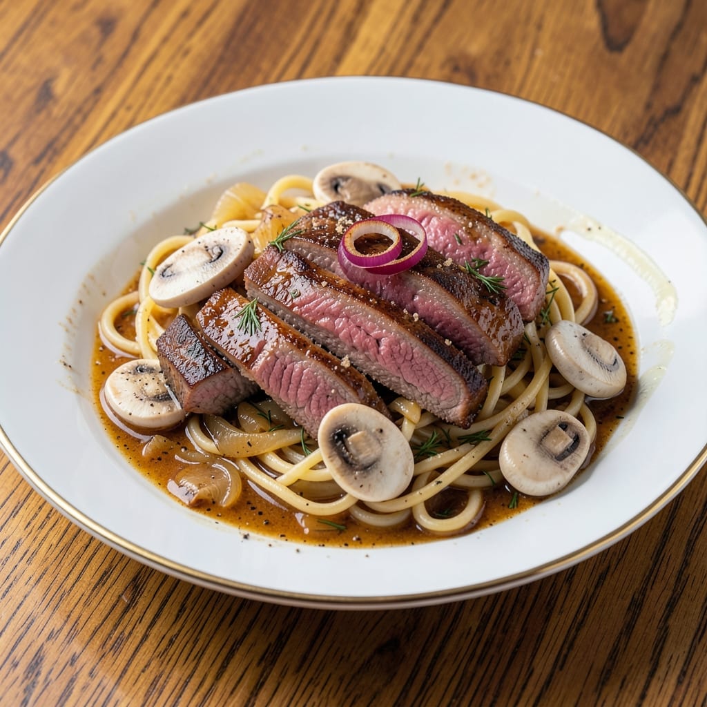 Balthazar Beef Stroganoff Recipe: Creamy Mushroom Wine Sauce Over Egg Noodles
