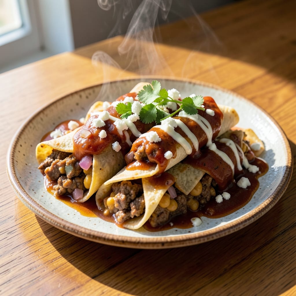 Beef and Refried Bean Enchiladas Recipe: Smoky Tortilla Stacks With Melted Cheese Rivers