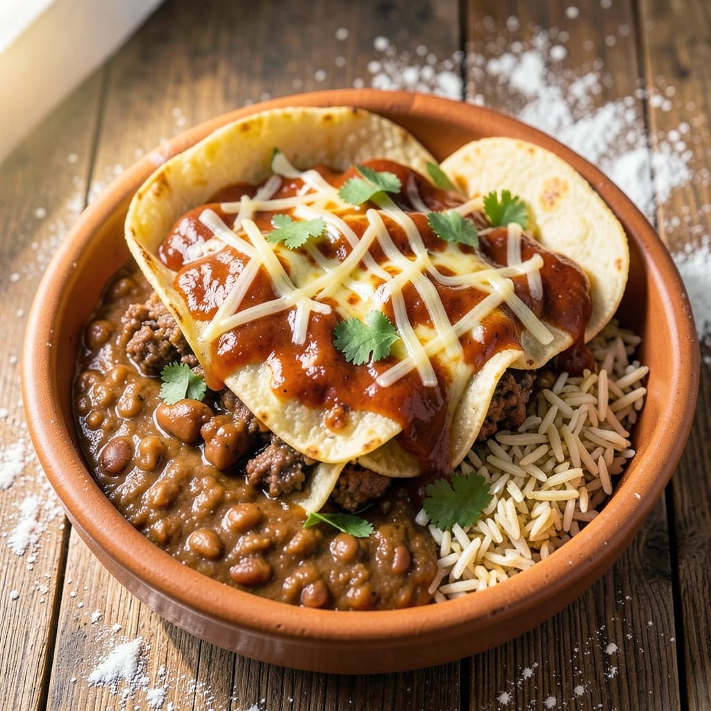 Beef, Bean, and Rice Enchiladas Recipe: Crispy Tortilla Stacks With Cheesy Layers