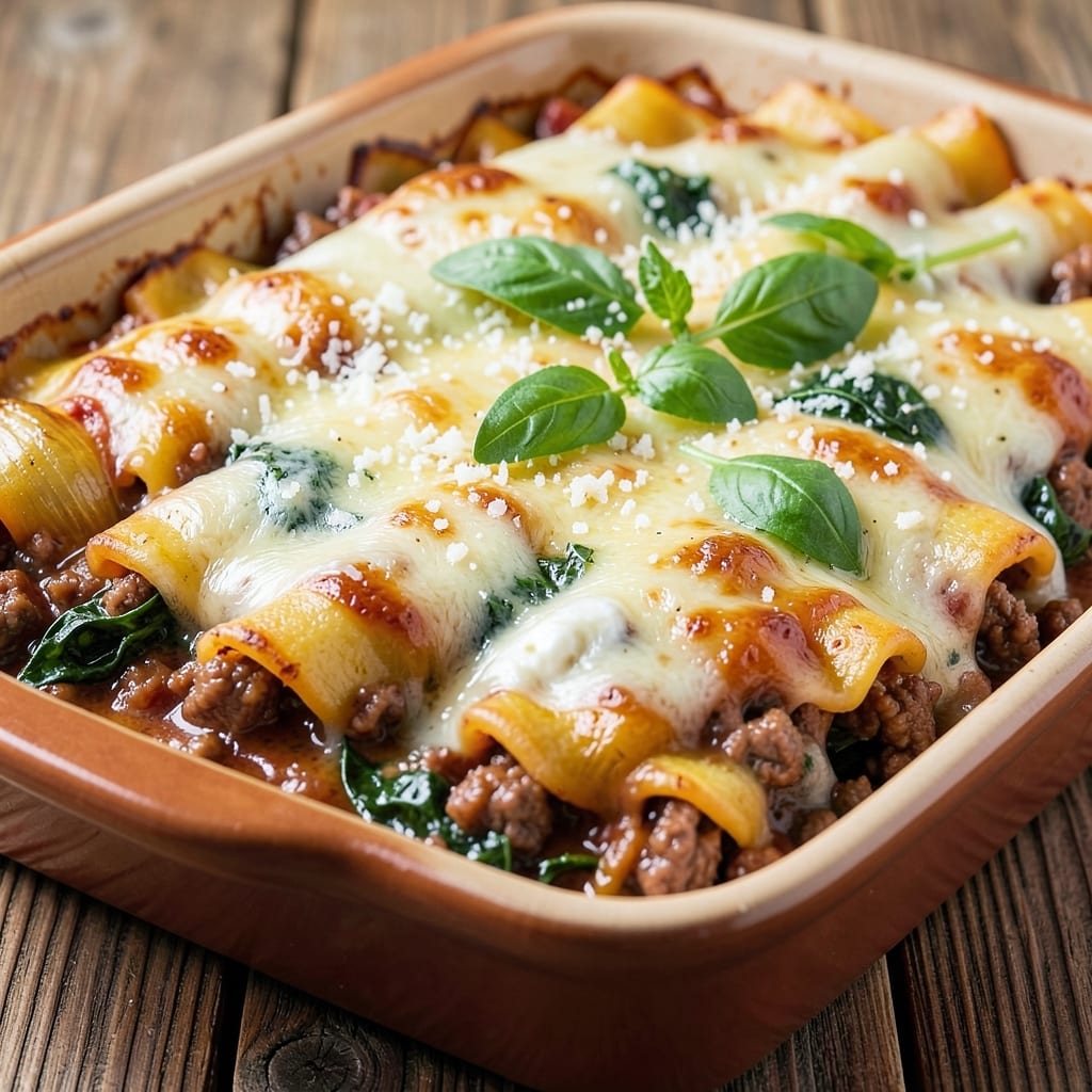 Beef and Spinach Manicotti Recipe: Layered Pasta with Cheesy, Herb-Kissed Filling