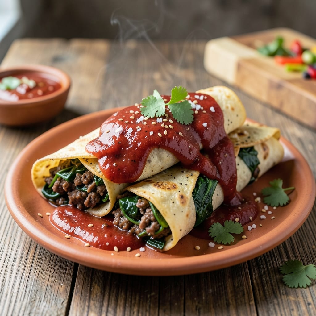 Beef and Spinach Enchilada Recipe: Tortilla-Wrapped Cheese and Herb Layered Delight