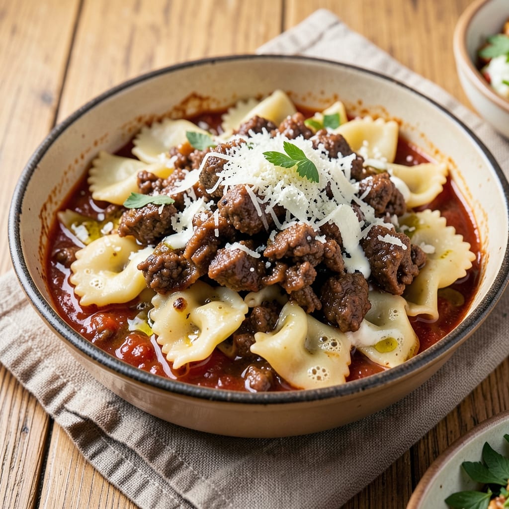 Beef and Cheese Tortellini Recipe: Chef-Style One-Pan Bake With Crispy Top