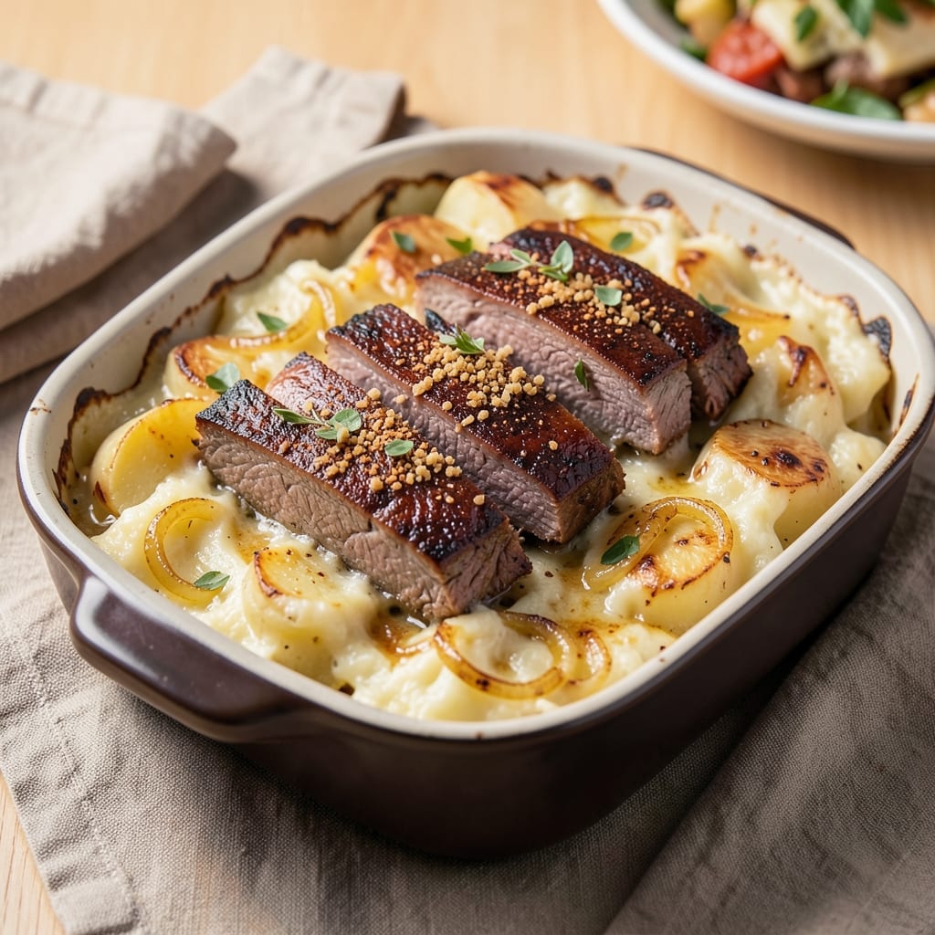 Beef and Potato Au Gratin Recipe: Cheesy Crispy Top, Silky Potato Layers
