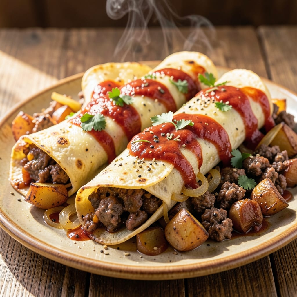 Beef and Potato Enchiladas Recipe: Smoky Chipotle Potatoes and Spiced Beef Layers