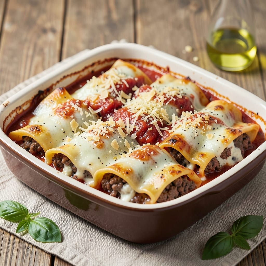 Beef and Cheese Cannelloni Recipe: Baked Pasta Layers With Gooey Melting Filling