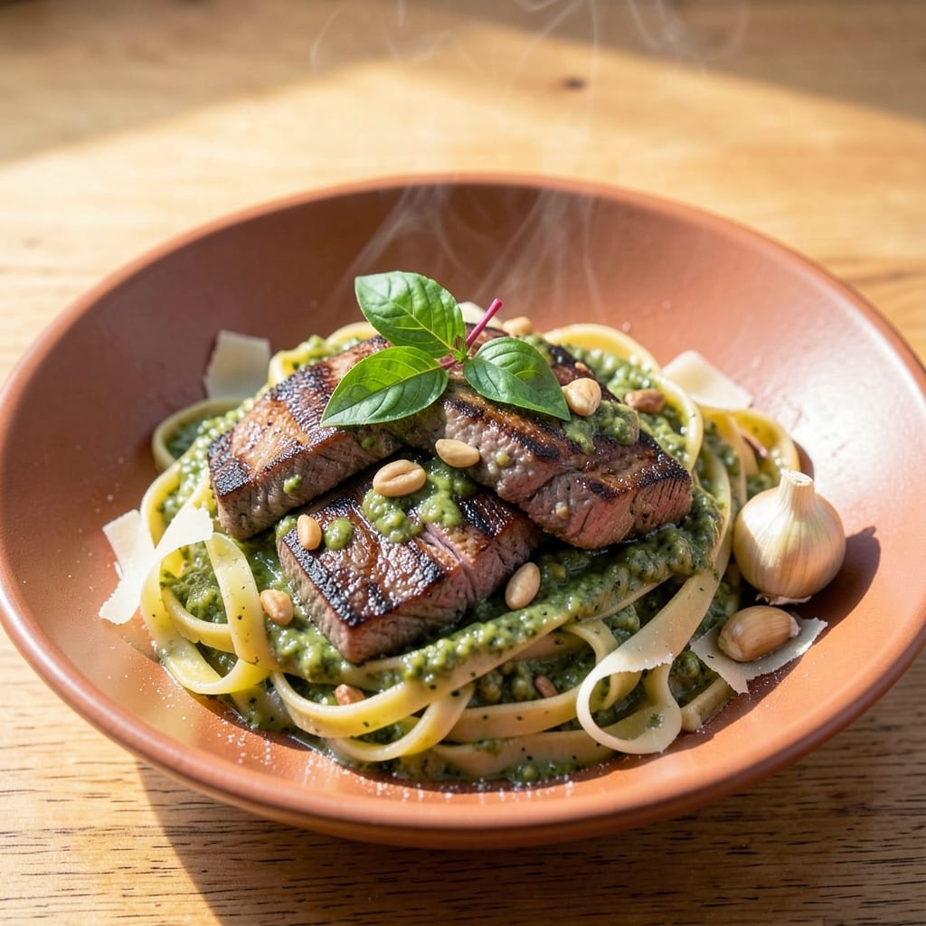 Beef Basil Pesto Pasta Recipe: Herb-Infused Sauce with Al Dente Noodles