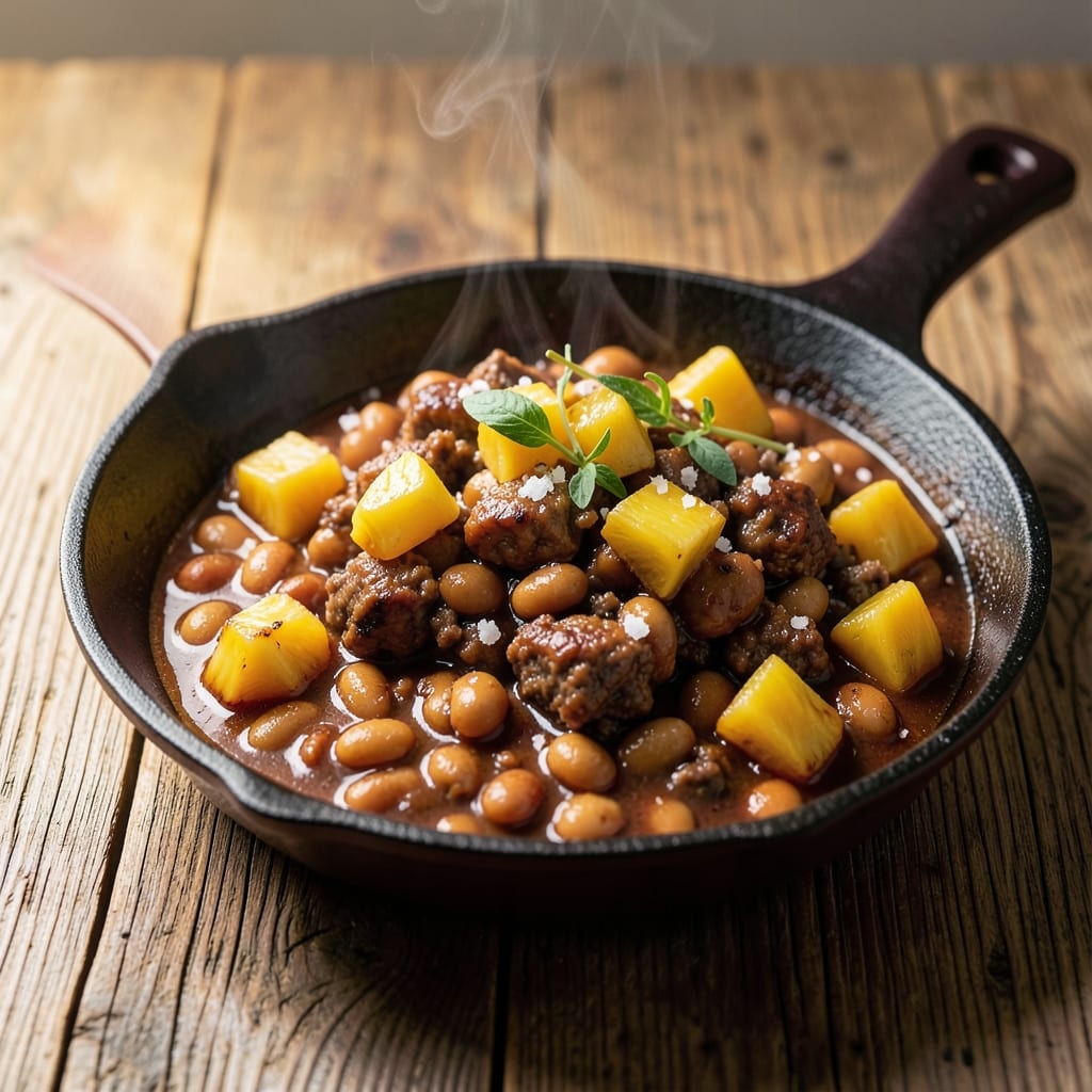 Baked Beans with Ground Beef and Pineapple Recipe: Sweet-Tangy One-Pot Heartiness