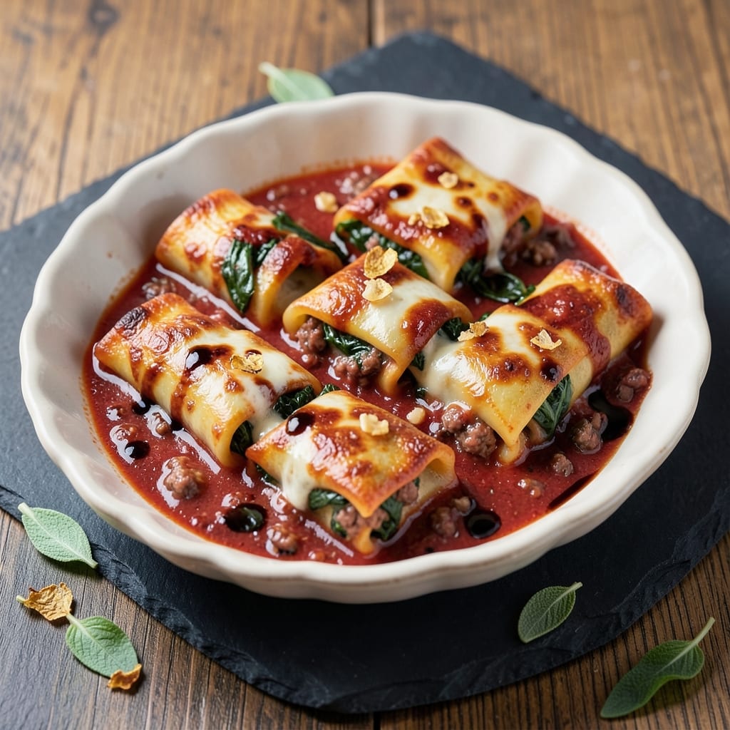 Beef and Spinach Cannelloni Recipe: Baked Pasta Layers With Rich Meat Sauce