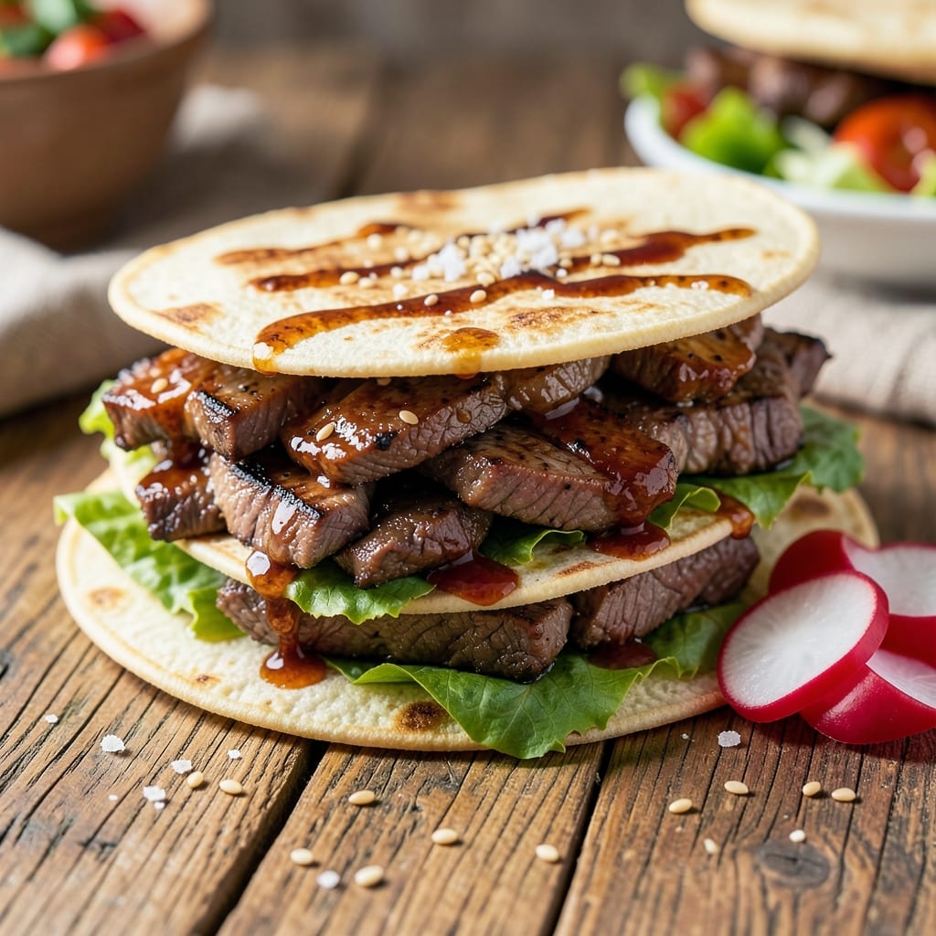 Beef Aju Sandwich Recipe: Crispy Tortilla Stacks With Tangy Fermented Flavor