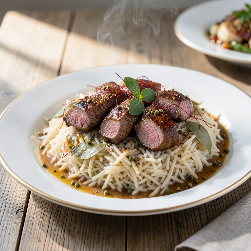 Basmati Rice With Beef Recipe: Fragrant Saffron Basmati Hugging Spiced Beef Bites