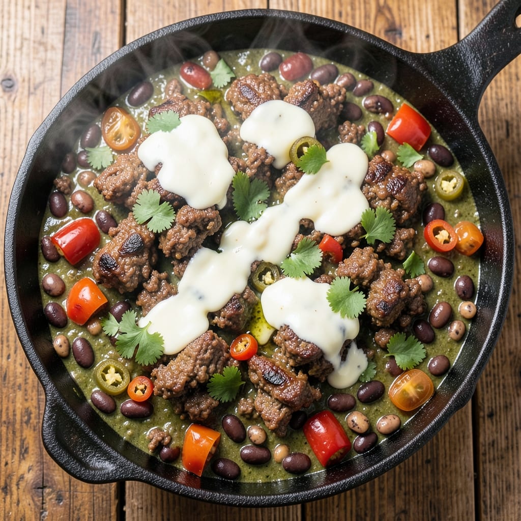 Beef and Bean Chili Verde Recipe: Smoky Tomato-Topped Comfort in One Pot