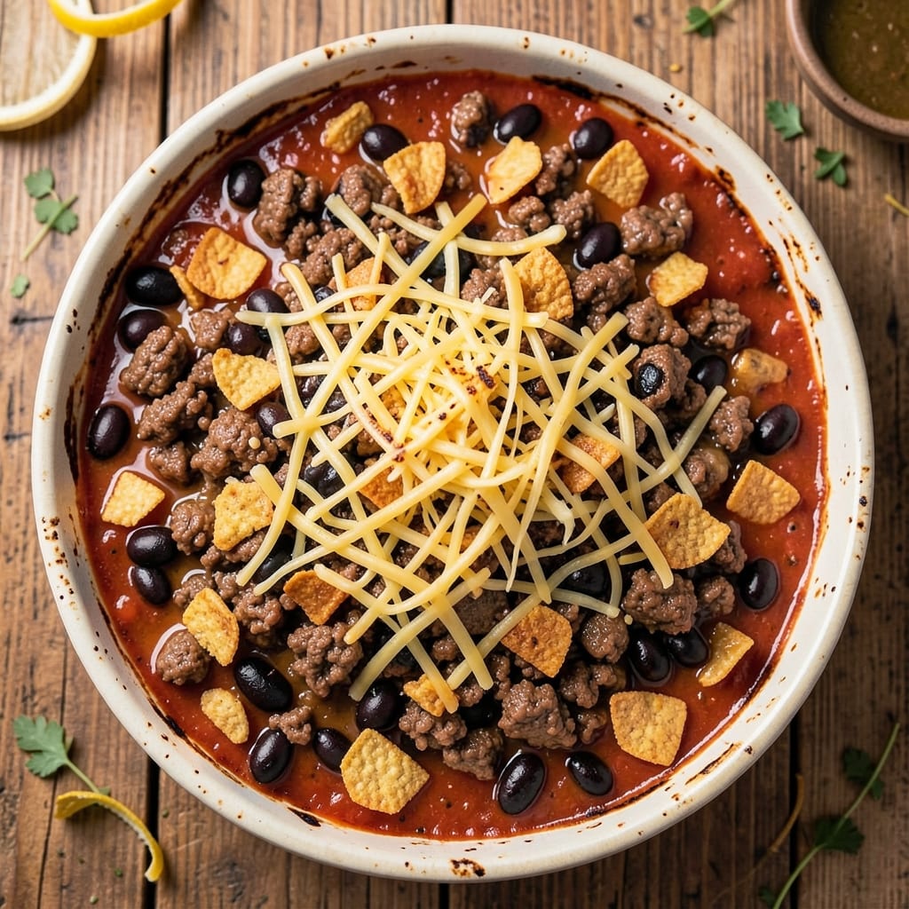 Beef and Bean Taco Casserole Recipe: Crispy Tortilla Top and Melty Cheese Layers
