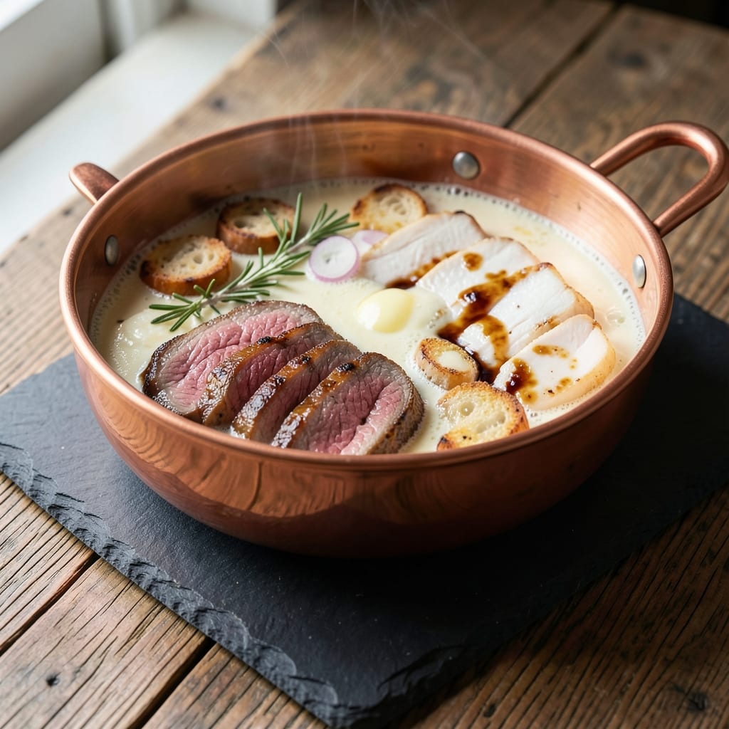Beef and Chicken Fondue Recipe: Cheesy Melting Pot With Crispy Bread Bites