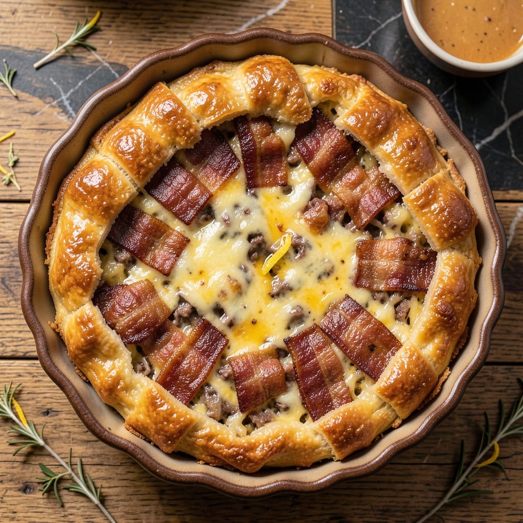 Beef Bacon and Cheese Pie Recipe: Flaky Crust Hugs Savory Meat and Cheese Layers
